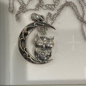 925 Silver Owl and Crescent Moon Pendant Necklace